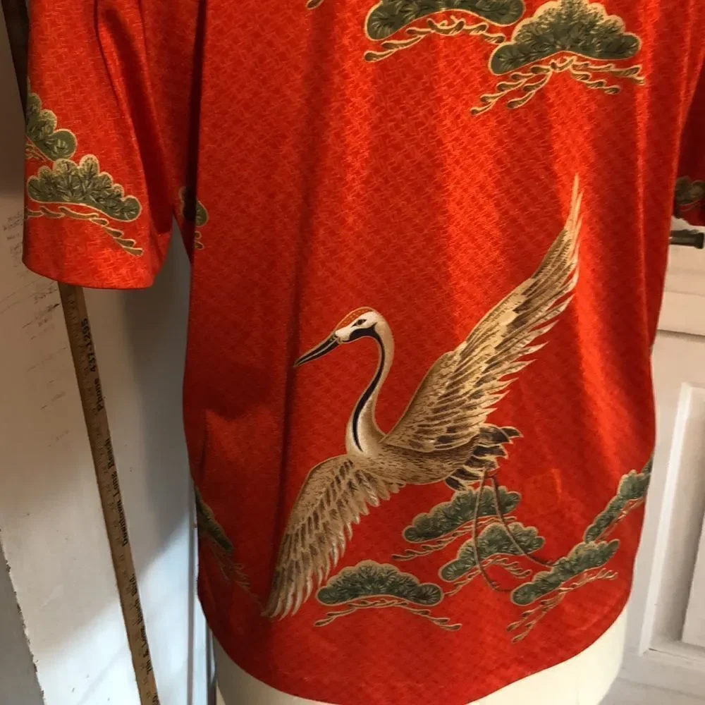 Vintage 1970s Hawaiian 🌺 made Aloha Shirt w/majestic Swan 🦢 in poppy orange
